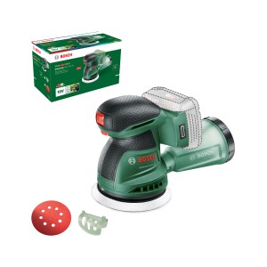 Bosch Akku-Exzenterschleifer UniversalOrbit 18V-20 (ohne Akku) mit Schleifpapier und Staubbox.