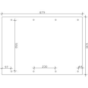 Skizze des Skan Holz Doppelcarports Wendland (630x879cm) mit Maßangaben für Fundamentpunkte.