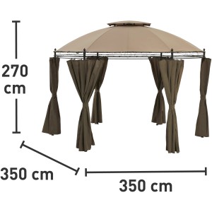 Brauner Pavillon Braga, Ø 350 cm, mit Seitenteilen und Doppeldach. Ideal für Garten und Terrasse.