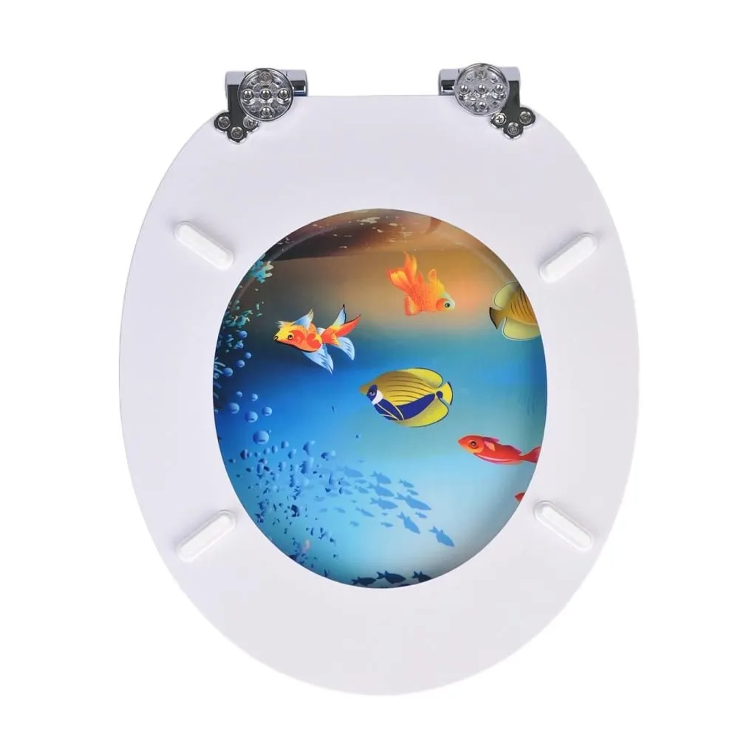 Weißer ovaler WC-Sitz mit Absenkautomatik und Unterwasserwelt-Design: bunte Fische, Blasen auf blauem Grund.