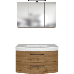 Held Möbel Waschtisch-Set Florenz, 100 cm, Wotaneiche mit Spiegelschrank und LED-Leuchte.