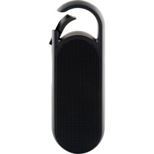 Schwarzer Schwaiger Bluetooth Lautsprecher mit Clip und integrierten TWS Kopfhörern.