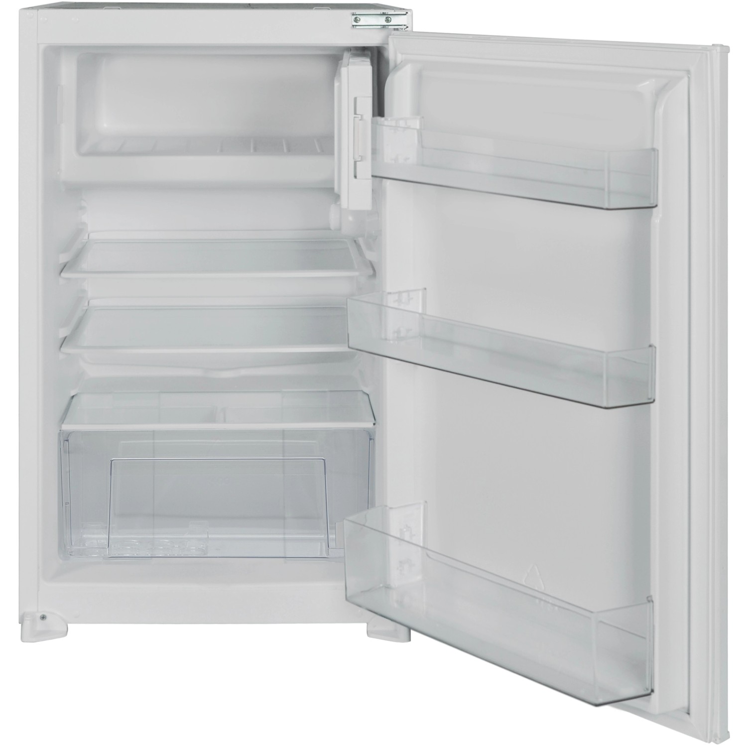 Offener, weißer Einbaukühlschrank der Küchenzeile Flex-Well Exclusiv Abaco mit Regalböden und Türfächern.