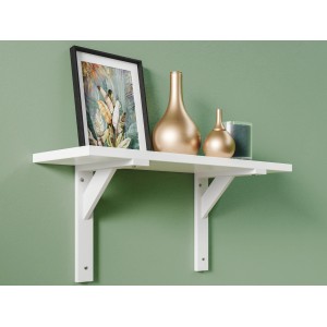 Wandregal mit weißer Holzkonsole (19,5x16,5 cm) und Deko-Elementen auf grüner Wand.