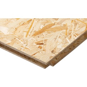 OSB-3 Verlegeplatte, 25 mm stark, ungeschliffen mit Nut und Feder. Holzwerkstoffplatte für Innenausbau.
