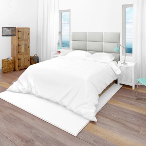 Bett mit weißem Wandkissen (60x30 cm) in Lederoptik als Kopfteil. Dekor-Paneel für Schlafzimmer.