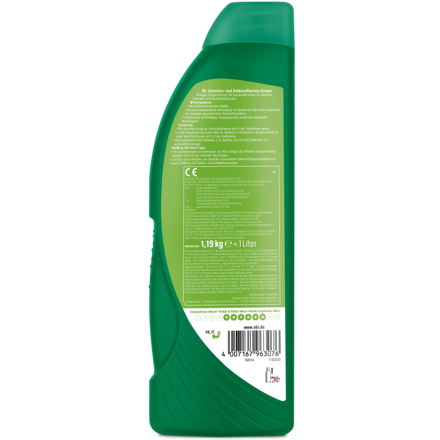 Grüne Flasche GROW by OBI Geranien- und Balkonpflanzen-Dünger, 1 Liter.