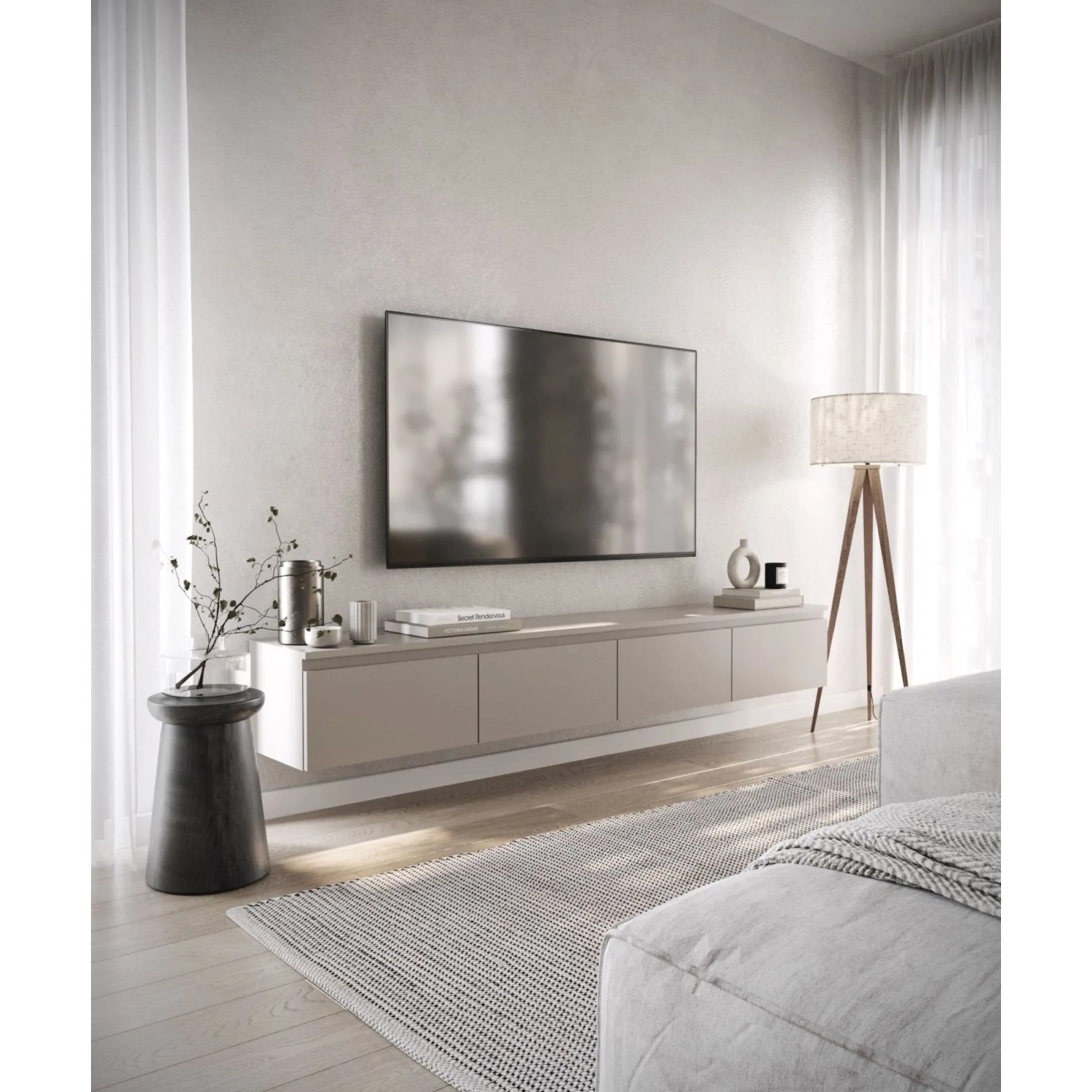 Modernes Selsey TV-Hängeboard Bemmi 200 cm in Kaschmirgrau, schwebend an der Wand im Wohnzimmer.