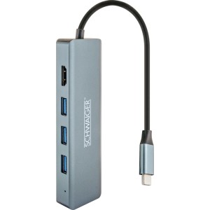 Schwaiger USB 3.0 Hub: Kleiner, grauer Datenhub mit USB-C Anschluss und mehreren USB Ports.
