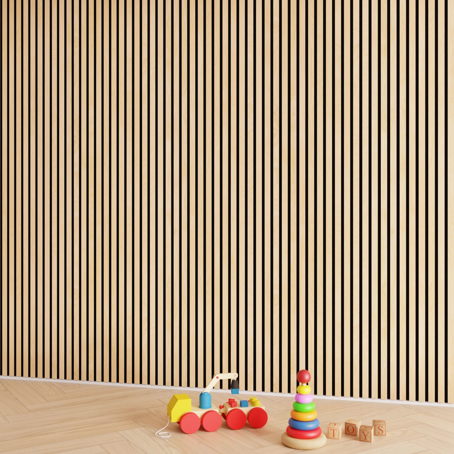 Akustikpaneel Eiche geölt, 60x270cm, mit schwarzem Filz. Holzpaneel für Wand- und Deckengestaltung.