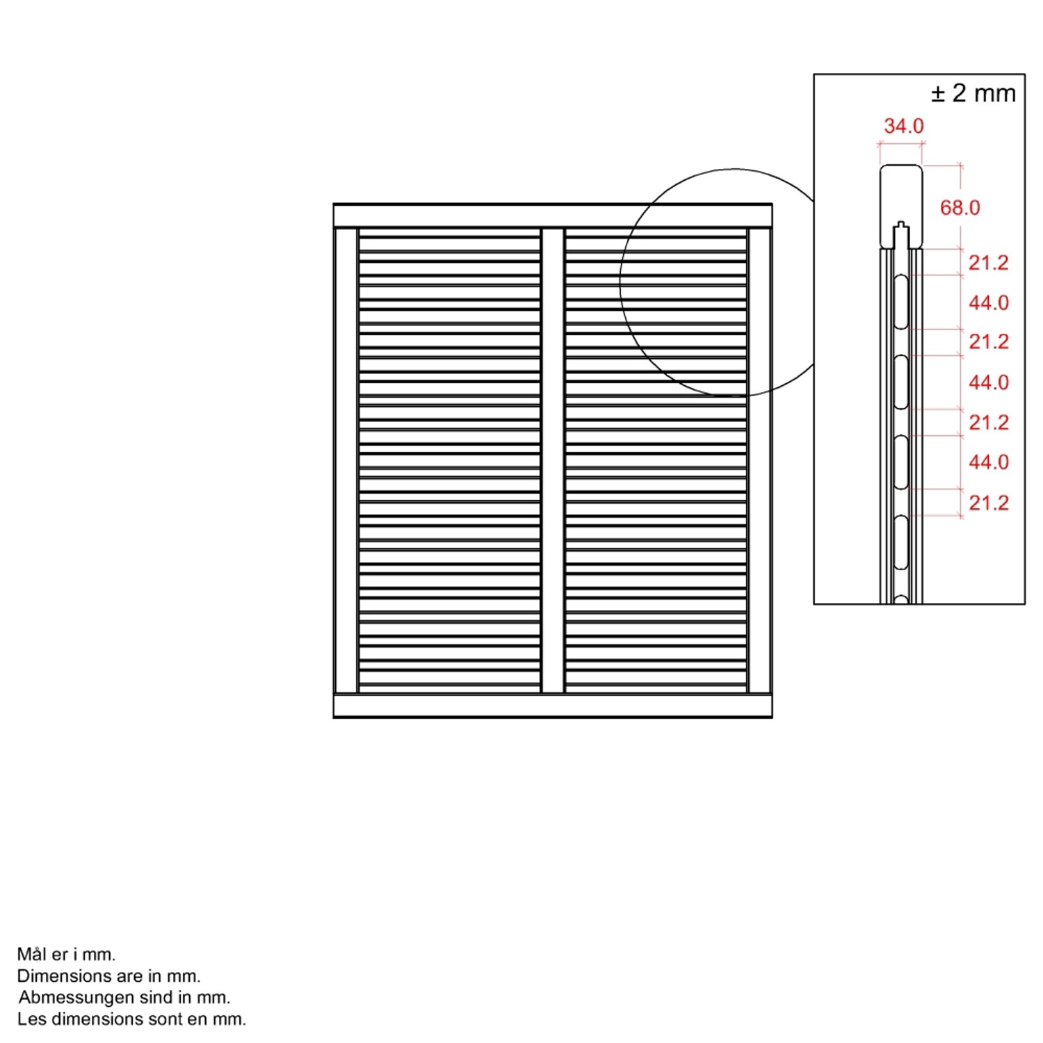 Technische Zeichnung eines schwarzen Sichtschutzzauns Harmoni aus Nadelholz, 120x140 cm, mit Maßangaben.
