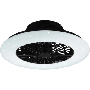 Moderne, mattschwarze LED-Deckenleuchte Stralsund mit integriertem Ventilator und Starlight-Effekt.