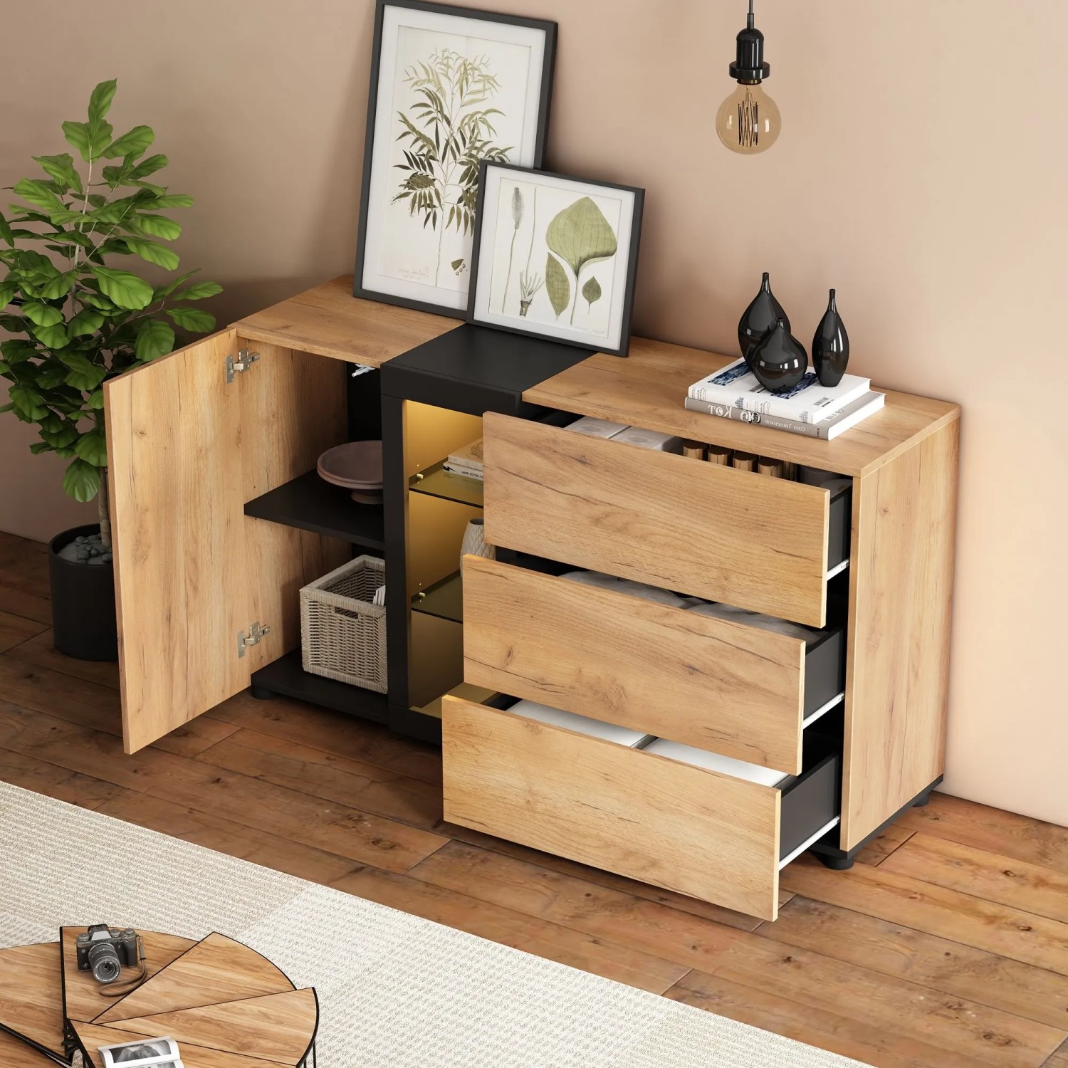 okwish Sideboard mit 3 Schubladen Glas Stauraum Wohnzimmer 140x40x80 cm Natur_2