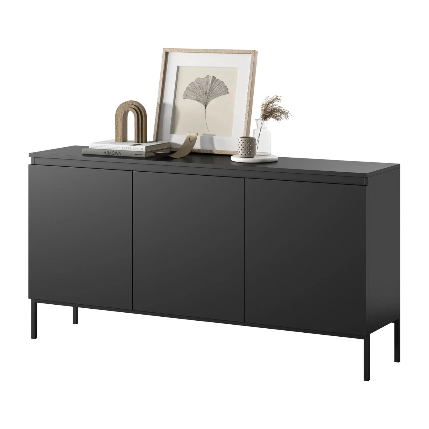 Selsey Bemmi Sideboard 150 cm, matt schwarz, mit 3 Türen und schlanken schwarzen Metallbeinen.