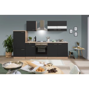 Respekta Küchenzeile KB270ESS, 270 cm, Schwarz und Eiche Sägerau Nachbildung, mit E-Geräten.