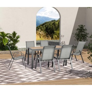 Graue 7-teilige Gartenmöbel-Gruppe Palena mit Tisch und 6 Stühlen.