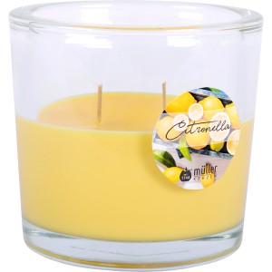 Hellgelbe Citronella Duftkerze im Glas mit 2 Dochten, Höhe 12 cm.