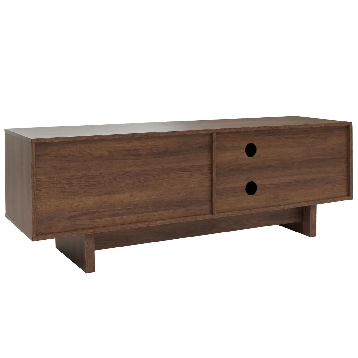 Braunes MCW TV-Rack O34 mit Melamin-Holzoptik, Schubladen, Türen und Kabelaussparungen. Moderner TV-Schrank.