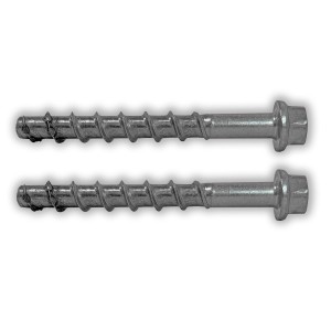 Zwei Treba Betonschrauben B37, Ø10 mm x 95 mm, aus V4A Edelstahl für Treppenzubehör.