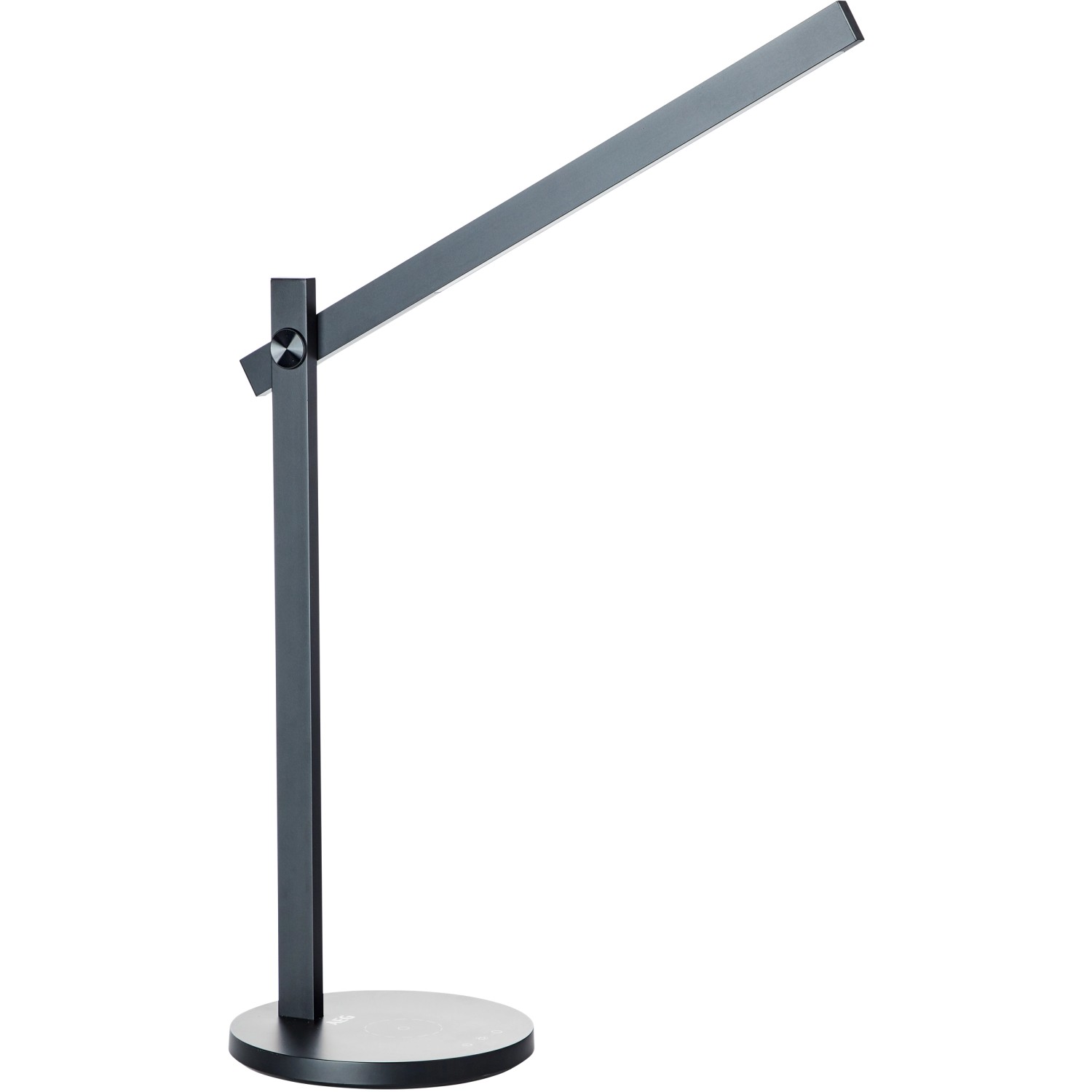 Schwarze LED-Schreibtischleuchte Devy von Brilliant mit Touchdimmer und Induktionsladefläche.