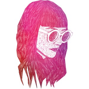 Komar Wandbild Grid Pink 50x70 cm: Abstraktes Frauenportrait mit Brille in Pink- und Lilatönen.