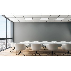 Büro mit Vasner Infrarotheizung InfraRaster in Rasterdecke, 350W, weiße Deckenpaneele.