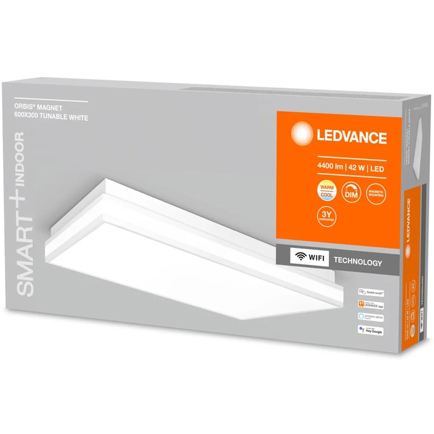 Verpackung der Ledvance Smart+ WiFi Deckenleuchte Orbis Magnet, 60x30 cm, tunable white.