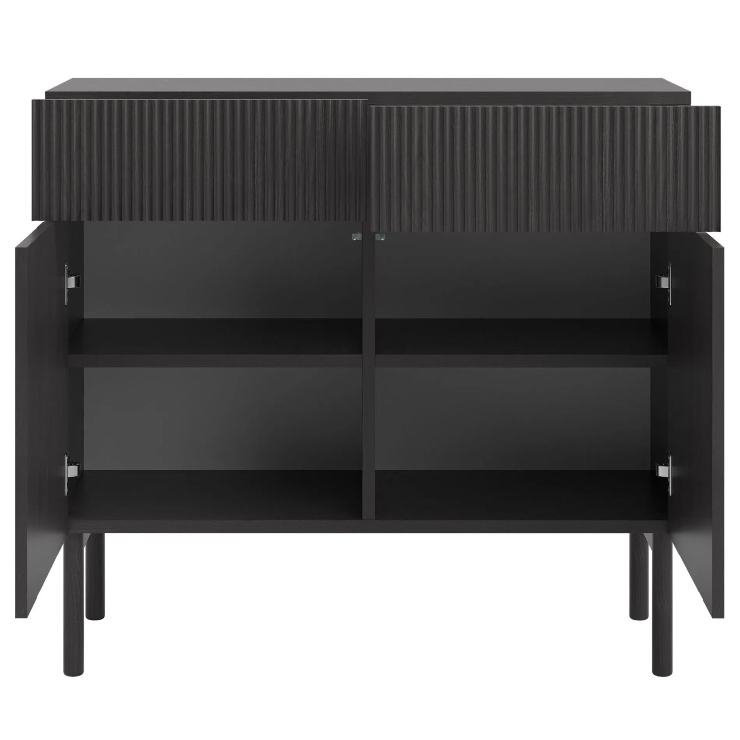 Schwarzes Selsey Sideboard Nolie, 100 cm, mit offenen Türen, geriffelten Fronten, zwei Schubladen und vier Fächern.