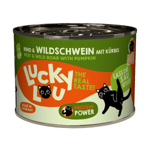 Lucky Lou Katzen-Nassfutter Adult Rind & Wildschwein, 200g Dose für ausgewachsene Katzen.