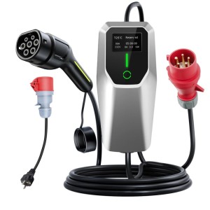 Junsun 11kW Typ 2 EV Ladegerät, 3-phasig, 4M Kabel, silberne Steuereinheit, roter CEE-Stecker.