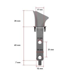 Technisches Diagramm eines grauen Bauheld Rollladen Einlauftrichters 17mm mit detaillierten Maßen für die Rollladensteuerung.