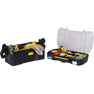 Stanley Werkzeugtrage 19 Zoll mit Organizeraufsatz, gefüllt mit Werkzeug und Zubehör.
