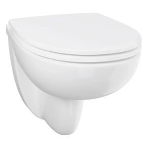 Weißes Grohe Wand-Tiefspül-WC-Set aus Keramik mit geschlossenem SoftClose-Deckel. Spülrandloses Design für Hygiene.