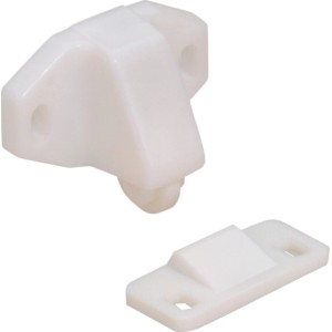 Weißer Hettich Rollschnäpper (19x35x27mm) mit Gegenplatte für Möbelausstattung.