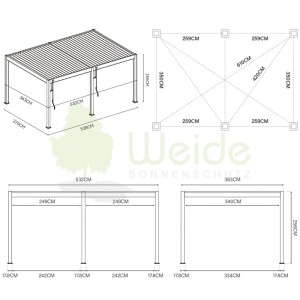 Technisches Diagramm des Weide Deluxe Elektrisch Pavillons 3,6x5,3m. Zeigt Maße der Alu-Terrassenüberdachung mit Lamellendach.