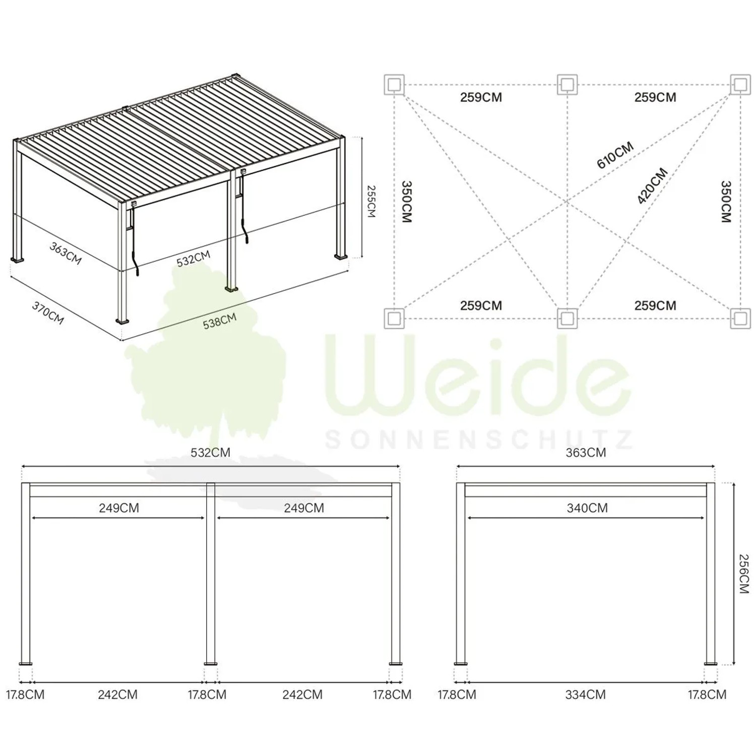 Technisches Diagramm des Weide Deluxe Elektrisch Pavillons 3,6x5,3m. Zeigt Maße der Alu-Terrassenüberdachung mit Lamellendach.