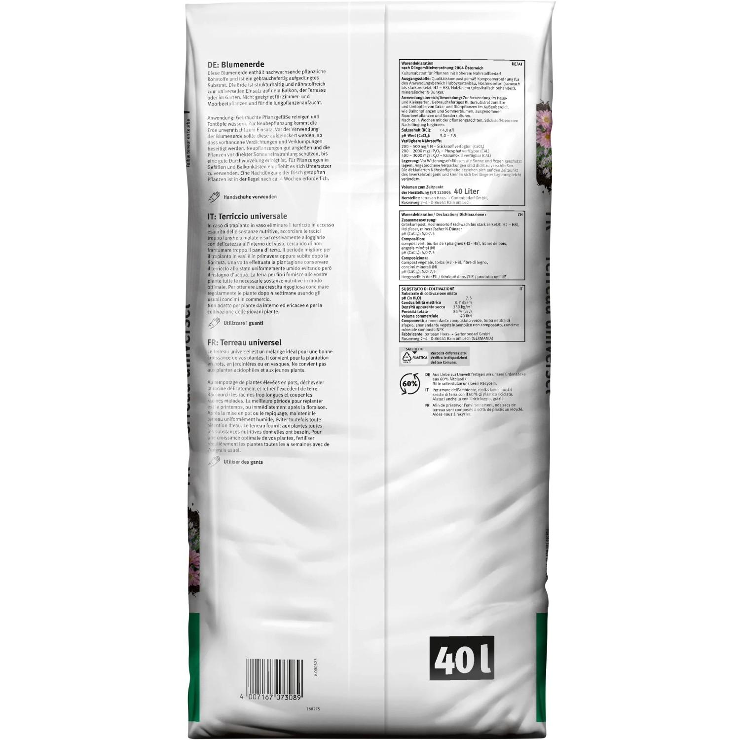 Sack Blumenerde (40 l) für Zimmer-, Balkon- und Gartenpflanzen.