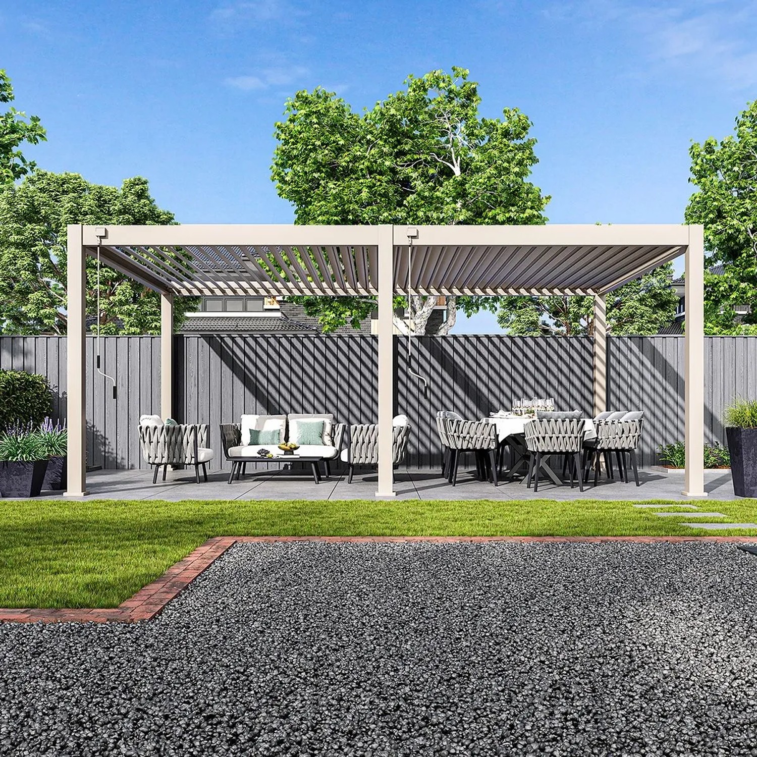 Weide Deluxe Plus Aluminium Terrassenüberdachung 4x6m in Ivory Sand mit verstellbaren Lamellen.