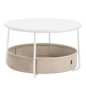 Weiß-brauner Vasagle Couchtisch mit Stoffkorb für Stauraum, 75x75x45 cm.