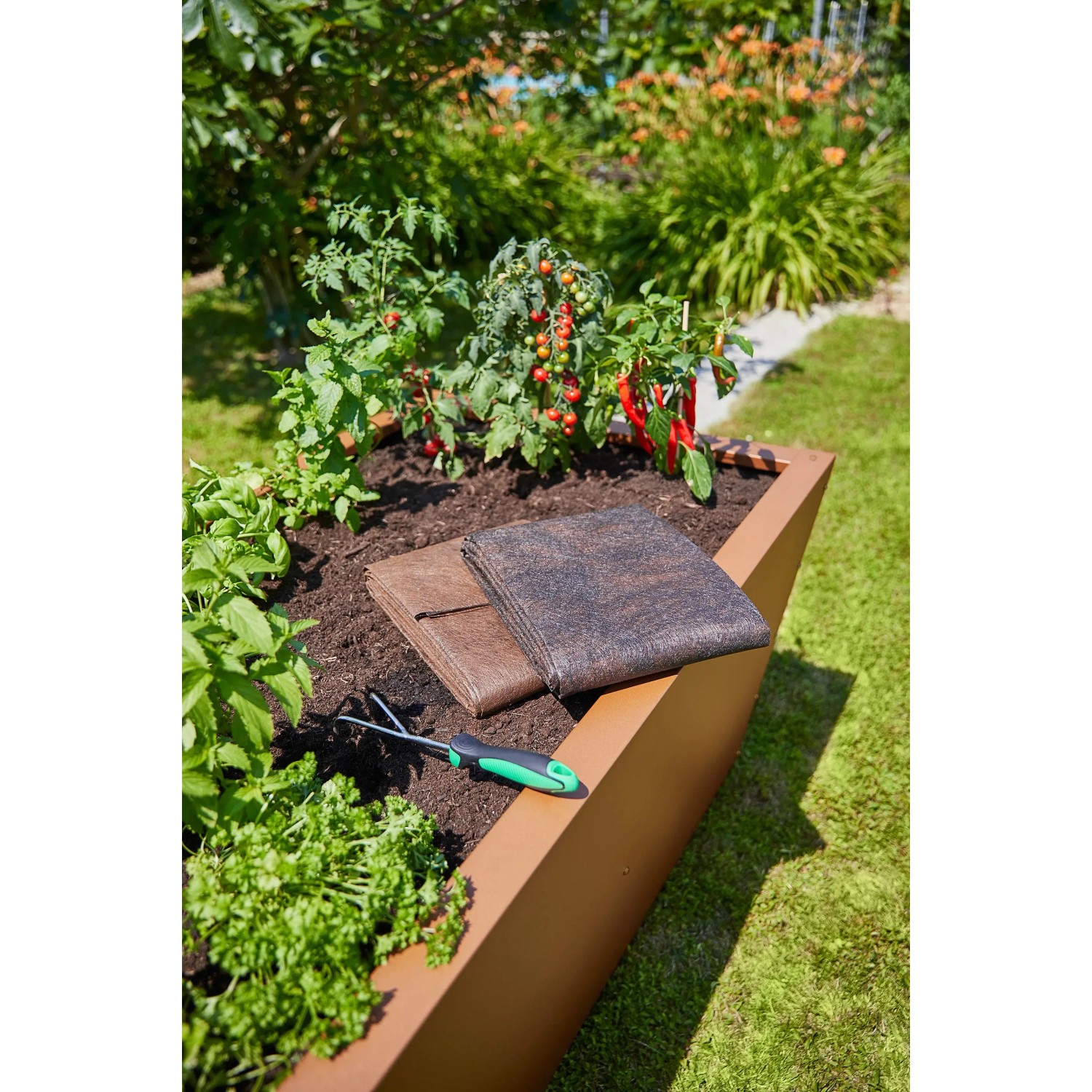 Gutta Hochbeet Valenta 200 in Rostoptik mit Bepflanzung und Gartenvlies.