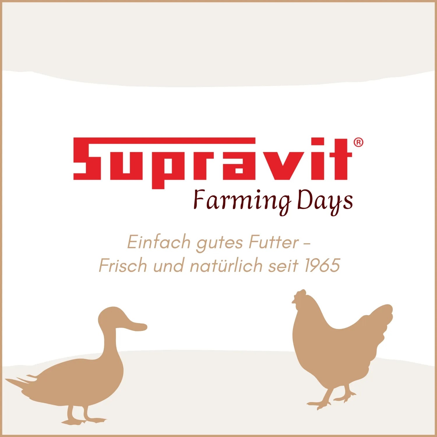 Supravit Farming Days Logo, Slogan 'Einfach gutes Futter'. Silhouetten von Ente und Huhn. Legemehl für Geflügel.