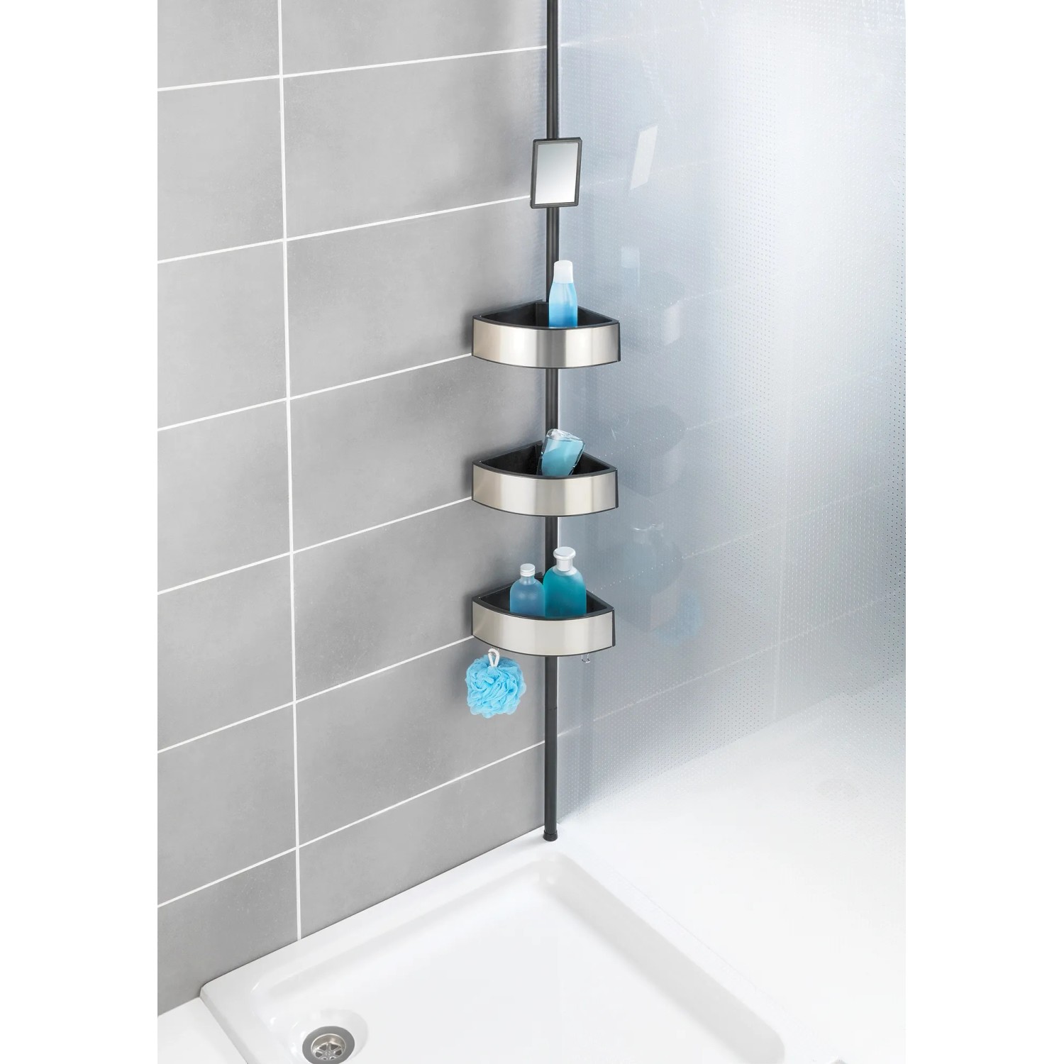 Wenko Duschregal Premium Big Black aus Edelstahl mit 3 Ablagen, Spiegel und Duschutensilien.