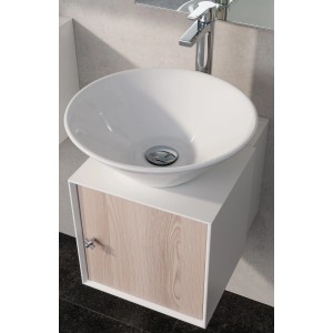 Rundes, weißes Fackelmann Aufsatzwaschbecken (42 cm) der Serie ix! auf Unterschrank.