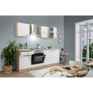 Respekta Küchenzeile KB210ESW in Weiß und Eiche Sägerau Nachbildung mit Elektrogeräten.