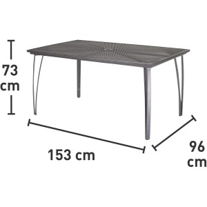 Rechteckiger, grauer Gartentisch Sacramento, 153x96 cm, mit Stahlrahmen und Tischplatte mit Loch für Sonnenschirm.