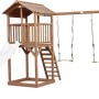 Axi Beach Tower Spielturm mit Doppelschaukel, braunes Holz, weiße Rutsche. Spielanlage für Kinder.