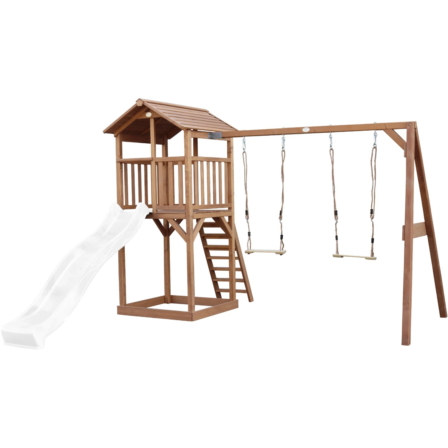 Axi Beach Tower Spielturm mit Doppelschaukel, braunes Holz, weiße Rutsche. Spielanlage für Kinder.