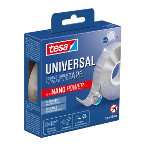 Tesa Universal-Klebeband, doppelseitig mit Nano-Power, 3 m x 30 mm, auf der Verpackung.