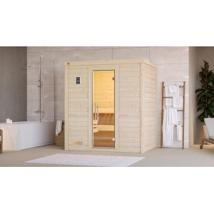 Weka Massivholzsauna Bergen mit Glastür und 5,4 kW Ofen im Sparset.