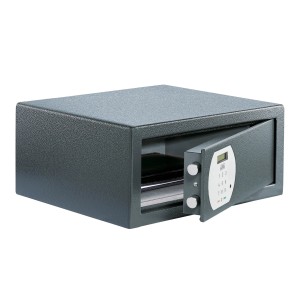 Burg Wächter Laptoptresor Pure Safe PS 130 E LAP, anthrazit, mit geöffneter Tür und elektronischem Zahlenschloss.